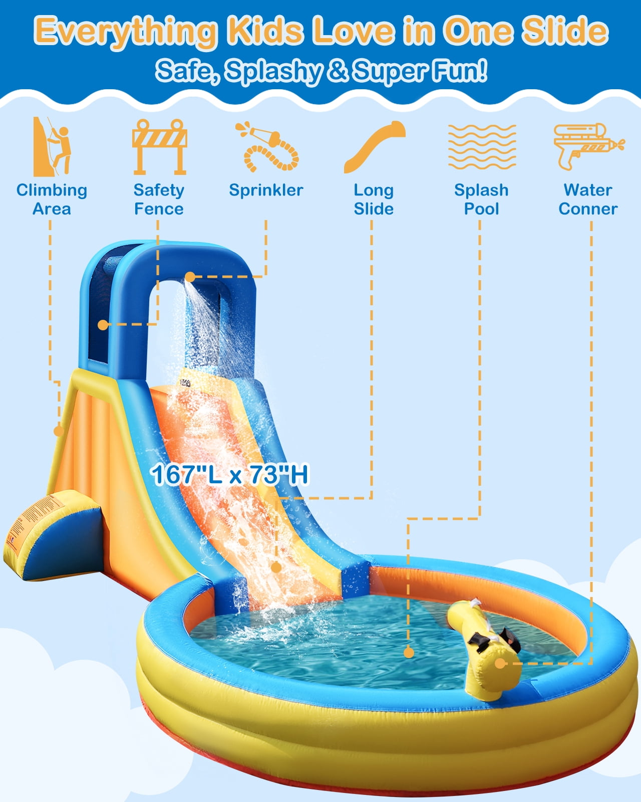 COCOFISH 5-in-1 Kids Water Slide Bounce House for Indoor/Outdoor, with Slide, Climbing Wall, Splash Pool, Water Cannon & Blower