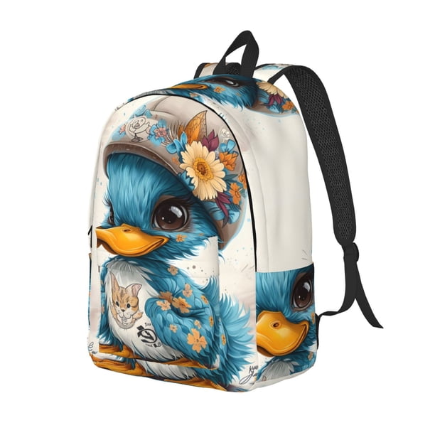 Disketp Cute Sunflower Blue Duck print Canvas Backpack Lightweight Travel Daypack Student Rucksack Laptop Backpack-Medium