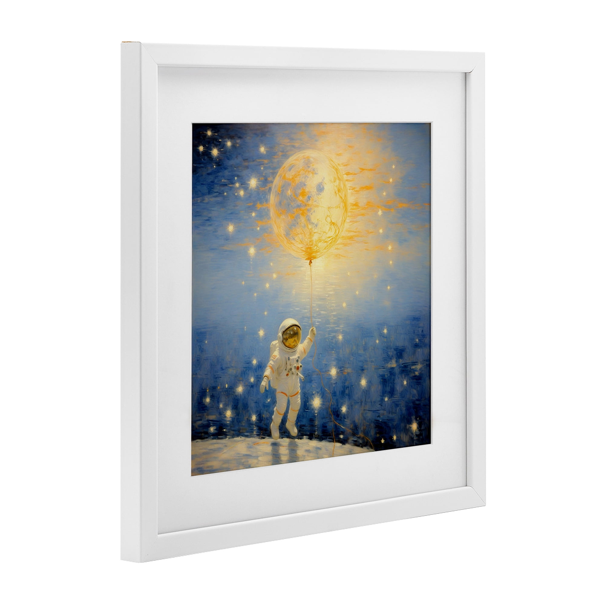 Astronaut with Dreamy Cosmic Balloon White Framed Print Under Glass, design by Angie Hawke