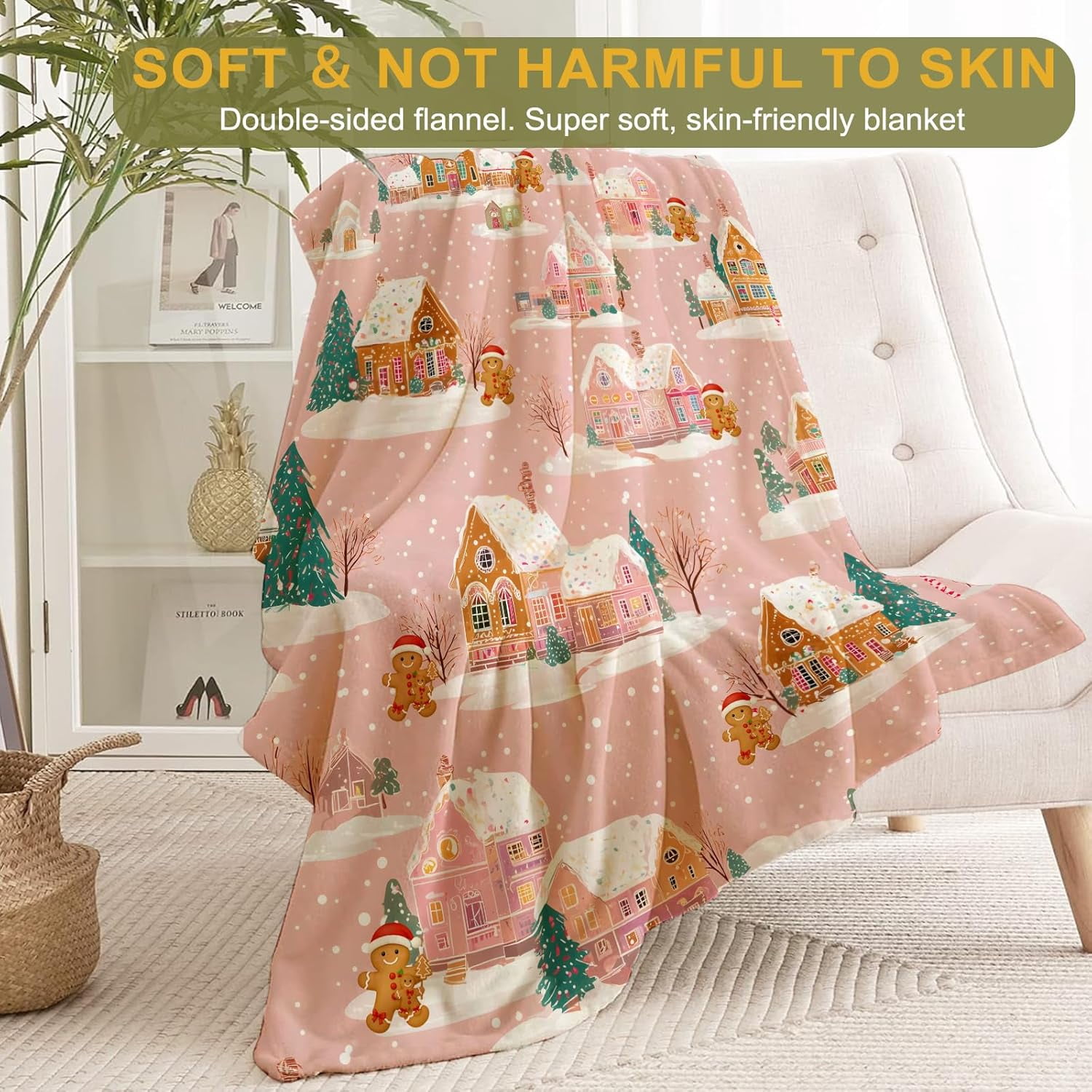 Christmas Decorative Throw Blanket Gingerbread House and Pink Snowy Print Decoration, Soft Flannel Winter Blankets for Couch Bed Sofa, Holiday Home Decor, Xmas Festival Gifts 60x80 Inch