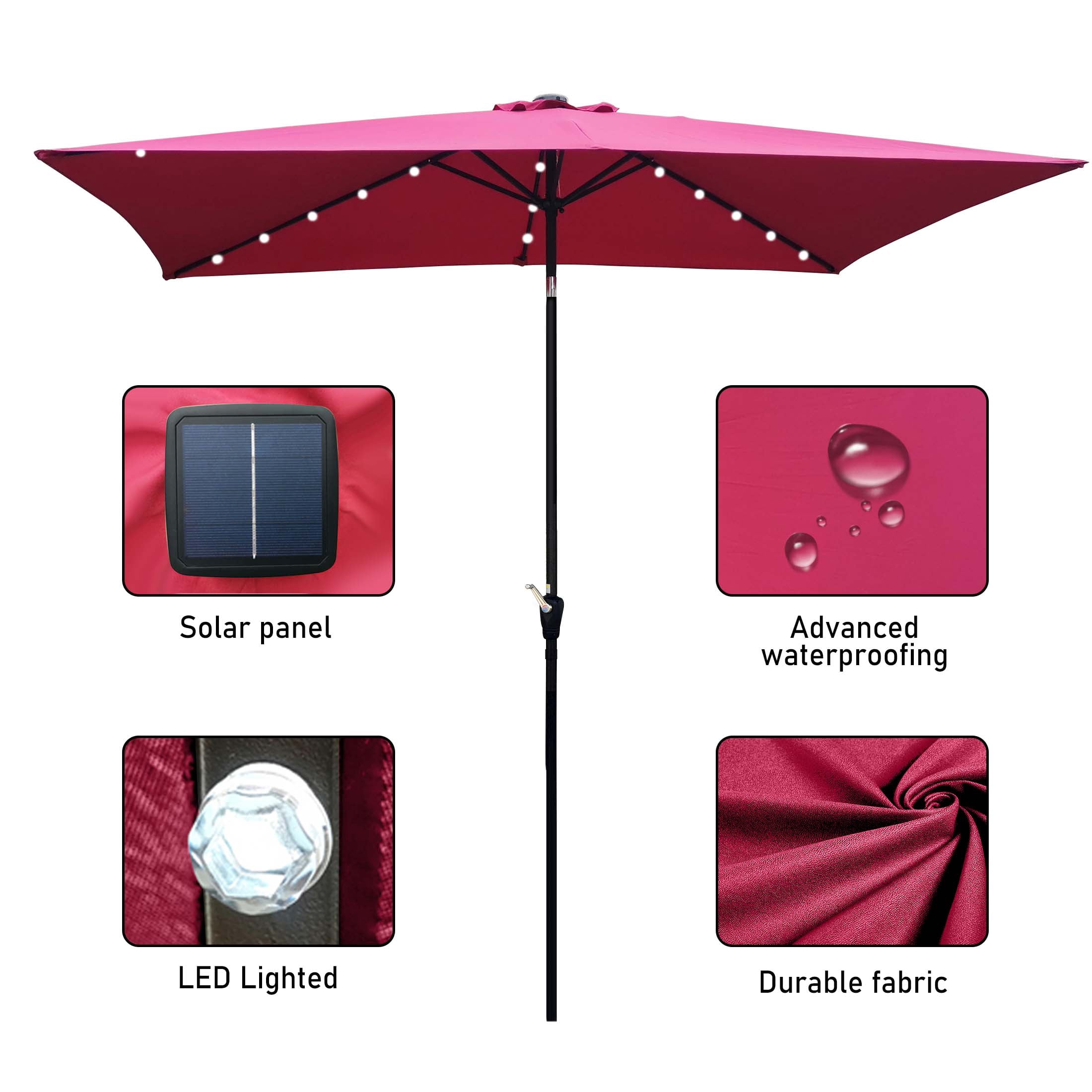 Aukfa 10 x 6.5ft Rectangular Patio Solar LED Lighted Outdoor Umbrellas for Market Beach Pool - Rose