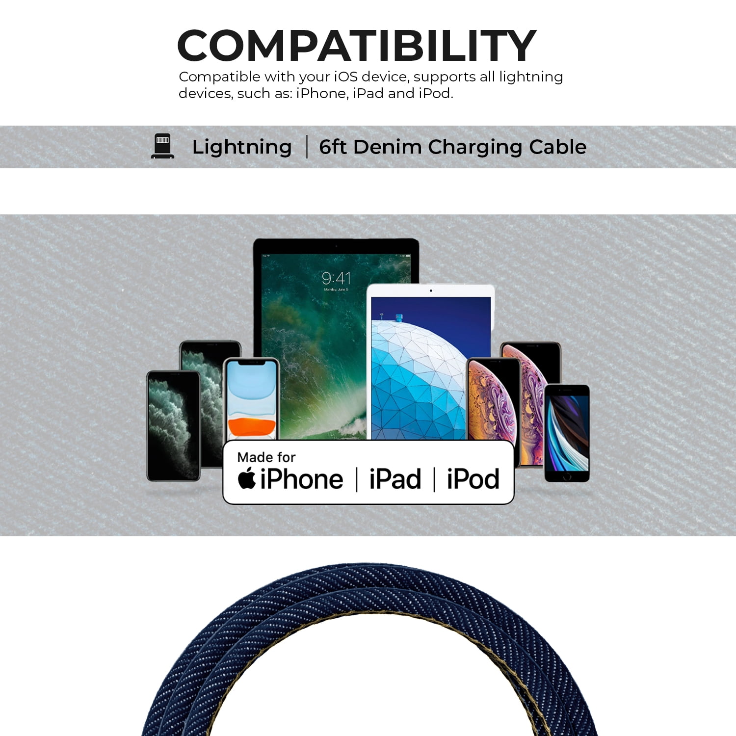 Liquipel Powertek 6' USB-A to Lightning Cable, Dark Blue
