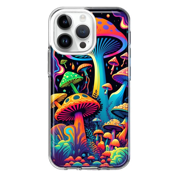 MUNDAZE Case for Apple iPhone 15 Pro Max Slim Hard Shell Soft TPU Hybrid Shockproof Heavy Duty Protective Phone Cover - Neon Rainbow Psychedelic Indie Hippie Mushrooms