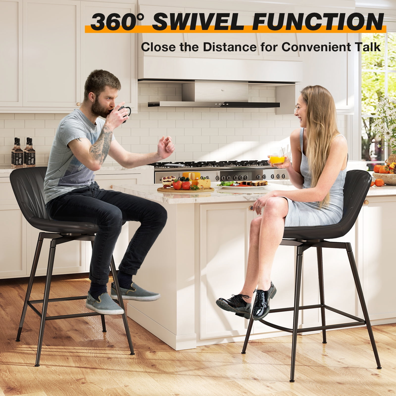 Modern 30" Swivel Bar Stools Set of 2 with Back & Footrest, Upholstered Counter Height Bar Chairs for Kitchen Island, PU Leather in Black