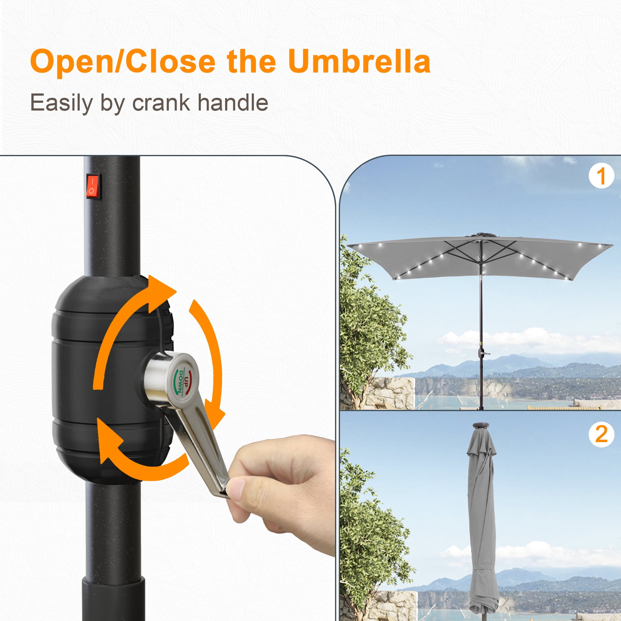 ACEGOSES LED Outdoor Patio 6x9ft Deck Solar Light Market Umbrella, Outside Table Umbrellas With Polyester canopy,Gray