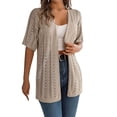 thumbnail image 3 of Women's Boho Crochet Knit Cardigan with Short Sleeves and Open Front Design Featuring Lightweight Textured Fabric Khaki L, 3 of 7