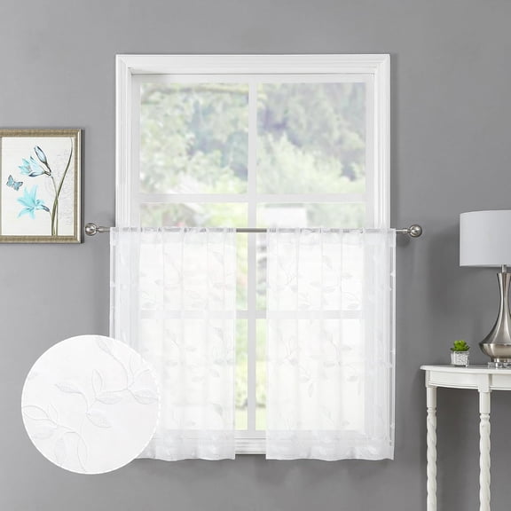 White Leaf Sheer Tier Curtains Leaves Embroidered Kitchen Short Curtain Rod Pocket Voile Bathroom Curtains for Cafe, Set of 2 Panels