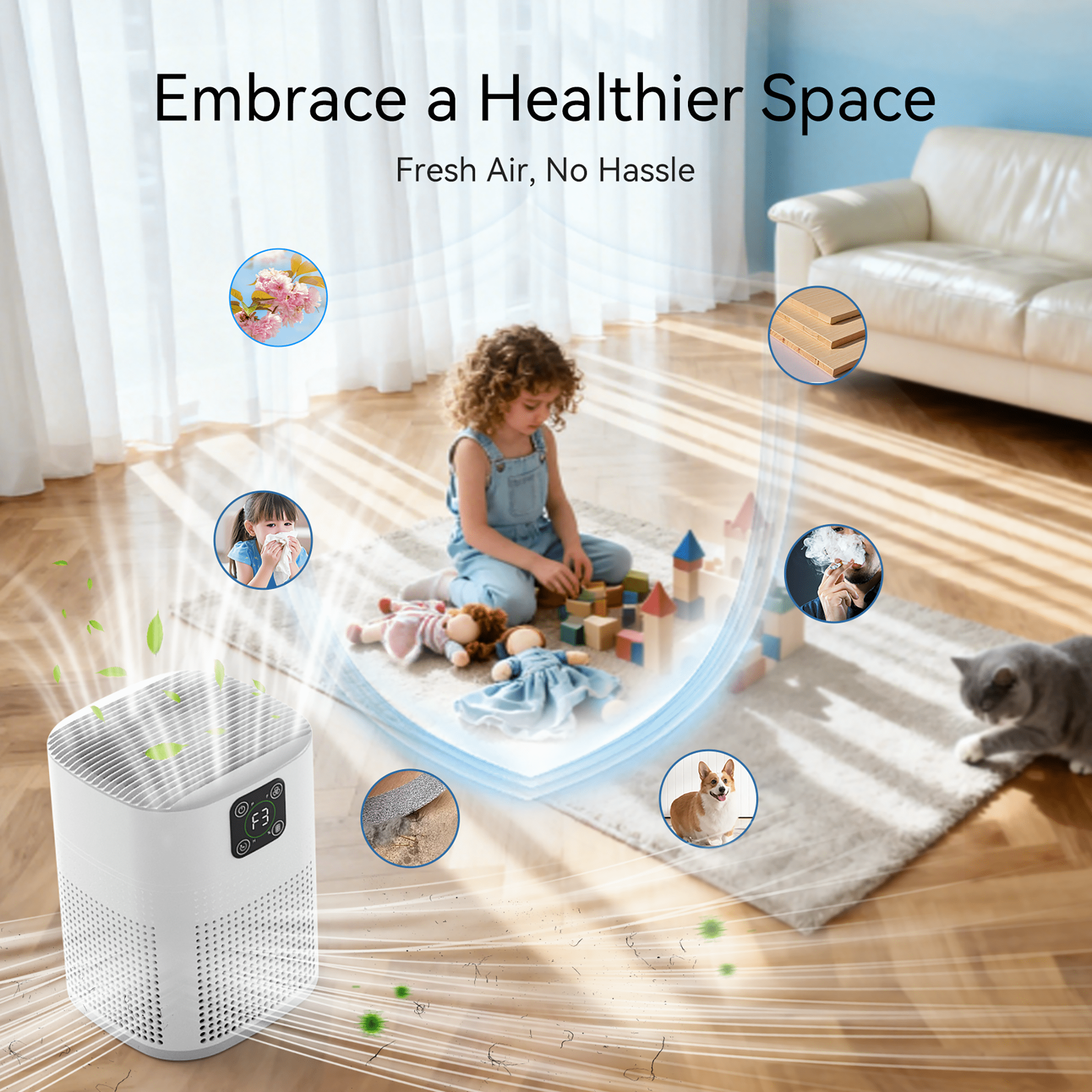 OUNEDA Air Purifiers for Home, H13 True HEPA Filter with 360° Air Inlet,3 Speeds up to 1076 SQ.ft, White