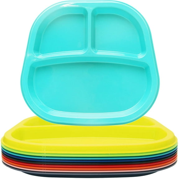 Youngever 3-Compartment Divided Plastic Kids Tray, 3 Compartment Plates, Set of 9 (9 Rainbow Colors)