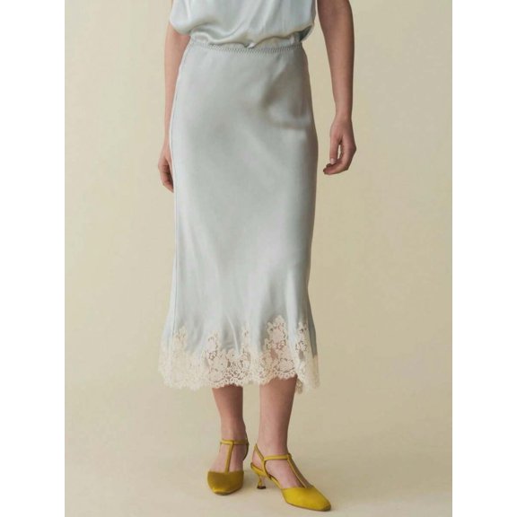 Sky Blue Silk Satin Midi Skirt With Delicate Lace Hem Elastic Waist A-Line Flowy Elegant Skirt