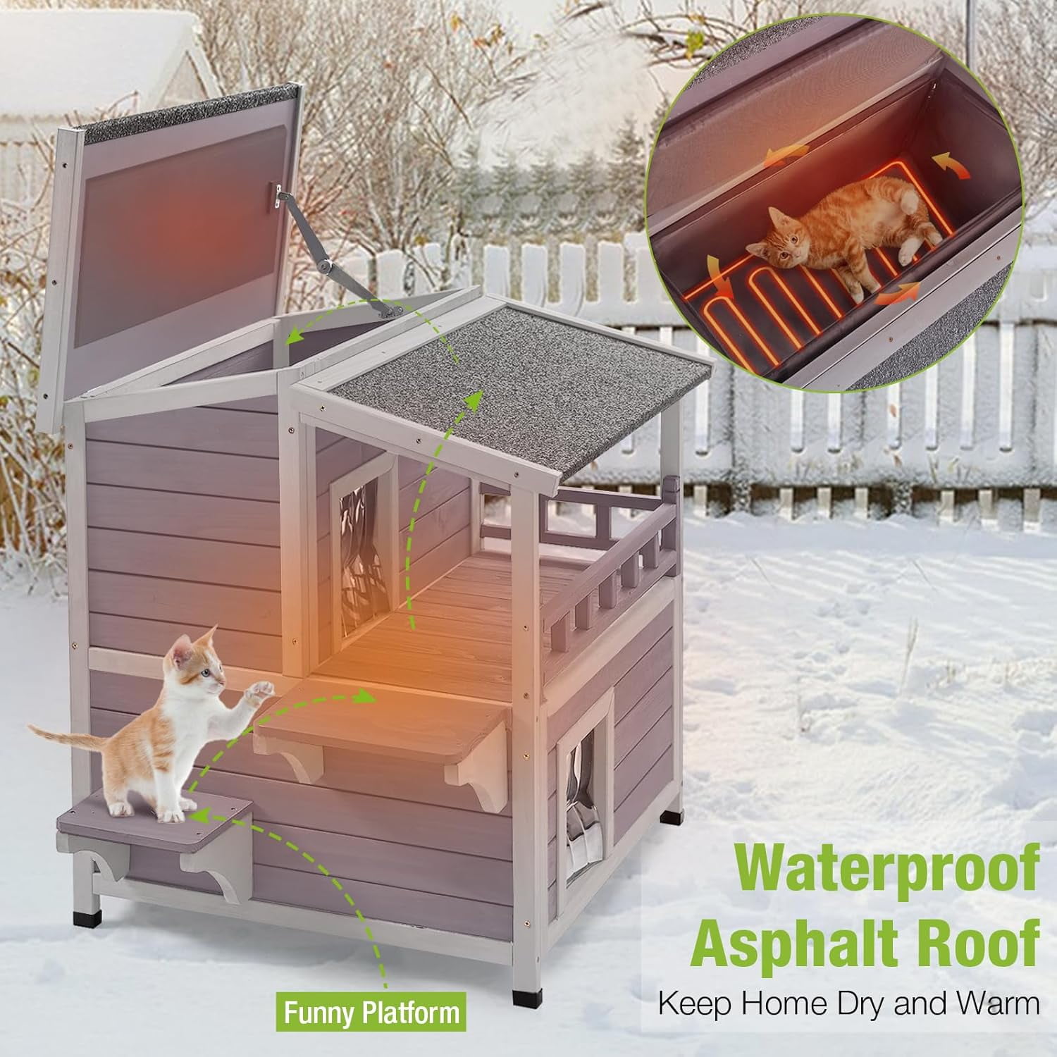 Aivituvin Heated Cat House for Outdoor Cats 2-Stroy Insulated Kitty Shelter with Heater for Winter,Waterproof Great for Indoor & Outdoor Use