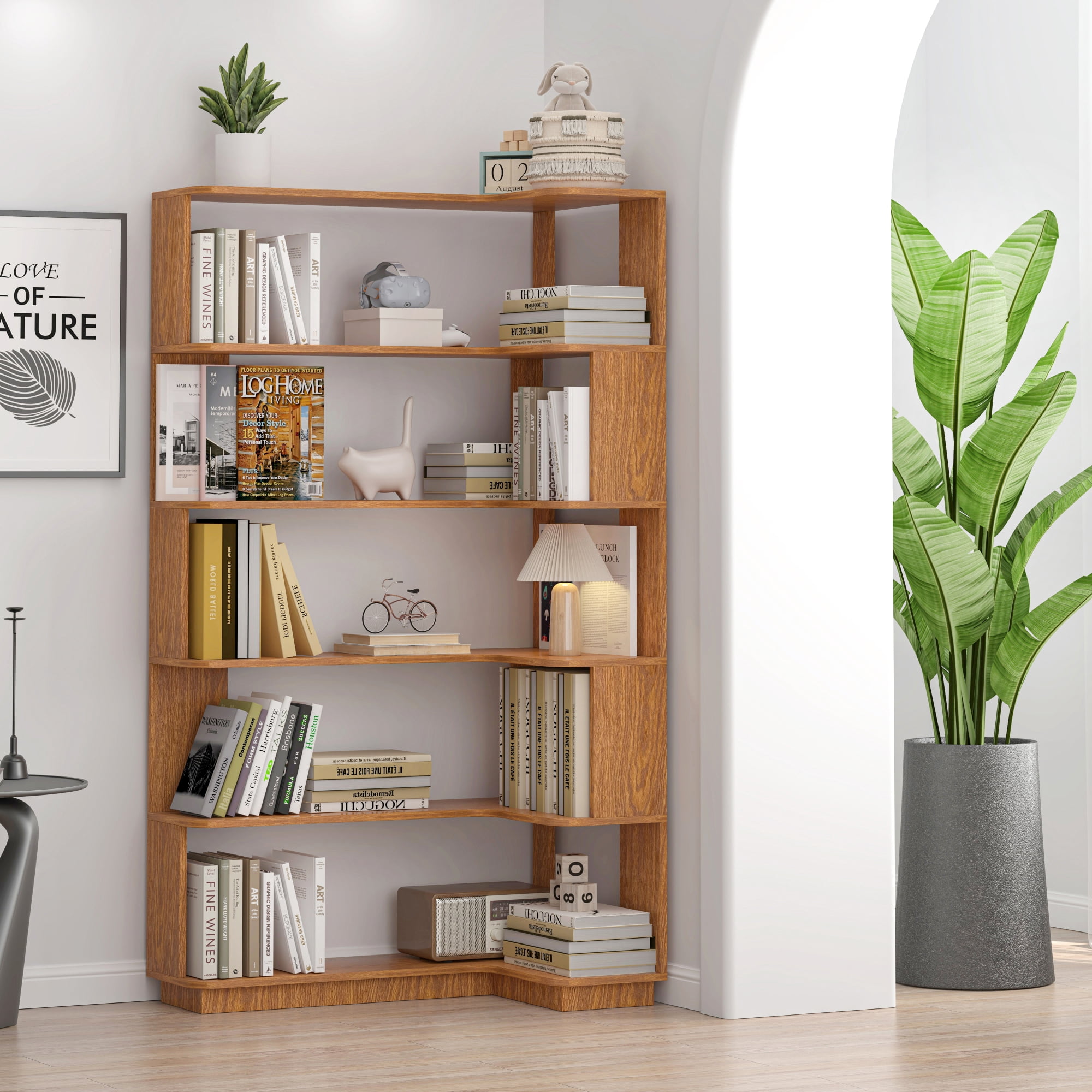 Leumius 5 Tier Freestanding Bookshelf,Wooden L-Shaped Corner Bookcase with Anti-drop Panel and Anti Tipping Device, Display shelf Open Storage,Dark Oak