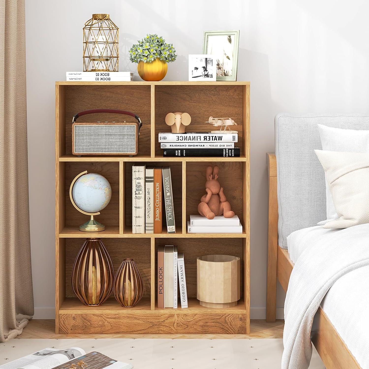 WBTER 7-Cube Bookshelf, 41” Floor Bookcase with 2 Anti-Tipping Kits, Freestanding Storage Organizer, 4-Tier Display Shelf for Home, Office & Dorms (Natural, 7-Cube)