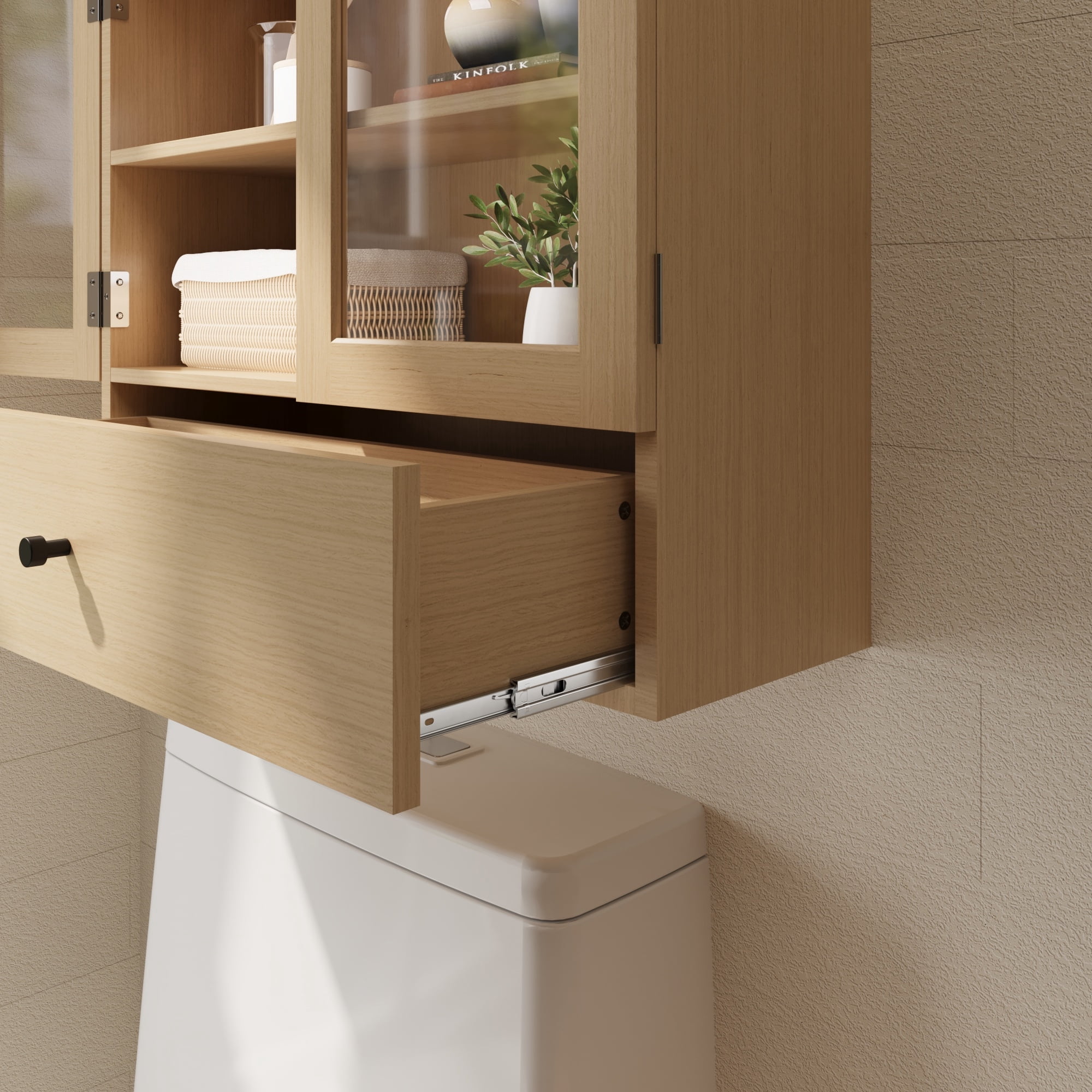 Bathroom Arched Wall Cabinet Over The Toilet Storage Cabinet, Bathroom Cabinet Wall Mount with Glass Doors, Wood Cabinet for Laundry Room, Bedroom Kitchen, Natural