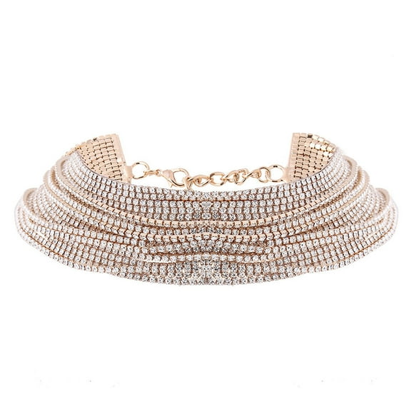 Luxury Rhinestone Choker Crystal Statement Necklace Multilayer Choker Fashion Jewelry Accessories (Gold)