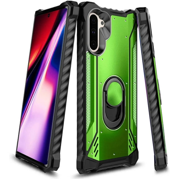 For Samsung Galaxy Note 10 Case, Aluminum Metal Built-in Ring Stand, Full-Body Protective Shockproof Military Bumper Phone Cover (Green)