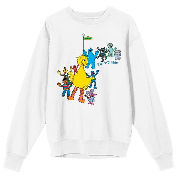 Sesame Street Characters Line-Up Adult White Crew Neck Long Sleeve Sweatshirt-Medium