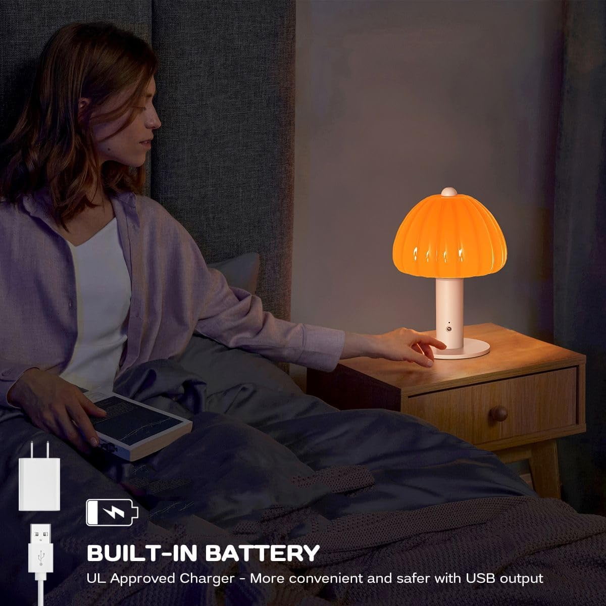 FANHAO Touch Bedside Table Lamp, 3-Way Dimmable with Mushroom Glass Light,4000mAh, Bedroom Reading