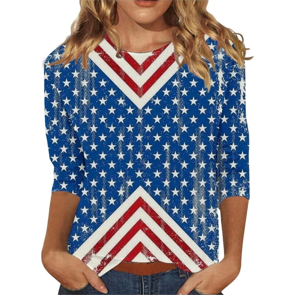 Wiueurtly Red, White And Blue Elbow Length Tee Shirts for Women 3/4 Sleeve Womens Tops 4th of July Casual Crewneck USA Flag Stripes Patriotic T USA Stars Stripes Crew Neck T Shirts Blue