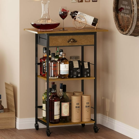 3 Tier Wine Rack Freestanding Floor, Mini Bar Cart with Drawer, Liquor Stand Shelf, Small Bar Cabinet, Corner Wine Rack Cabinet Kitchen Living Room