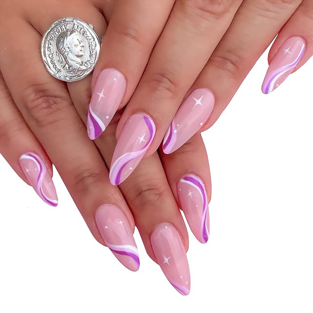 Uñas postizas de almendra, cobertura completa, medio brillante, uñas postizas con líneas rosadas lindas, uñas acrílicas para mujeres y niñas, 24 piezas. Nota: sin pegamento.