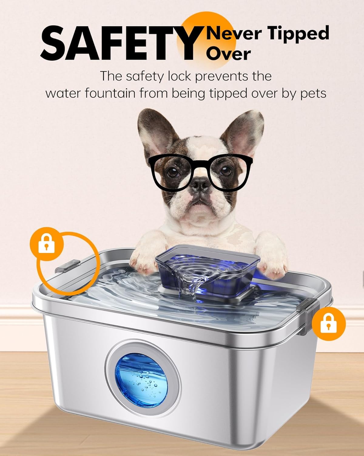 Dog Water Fountain, 2 Gallon 304 Stainless Steel Large Pet Water Fountain for Dogs & Cats, Ultra Quiet Indoor Pet Fountain, Safety Lock, 3 Replacement Filters Included, Smart Pump Protection