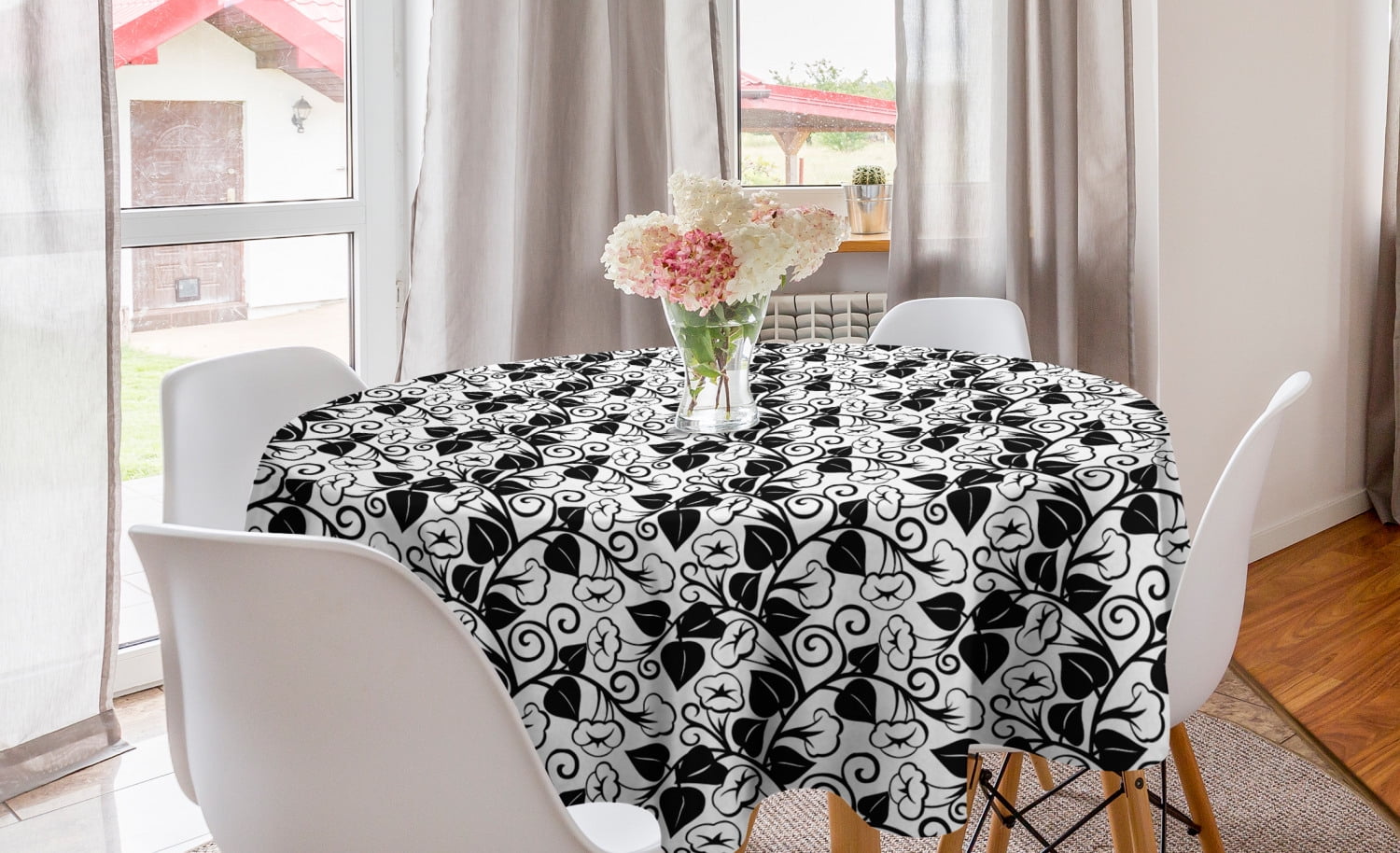 Black and White Round Tablecloth, Abstract Monochrome Morning Glory ...