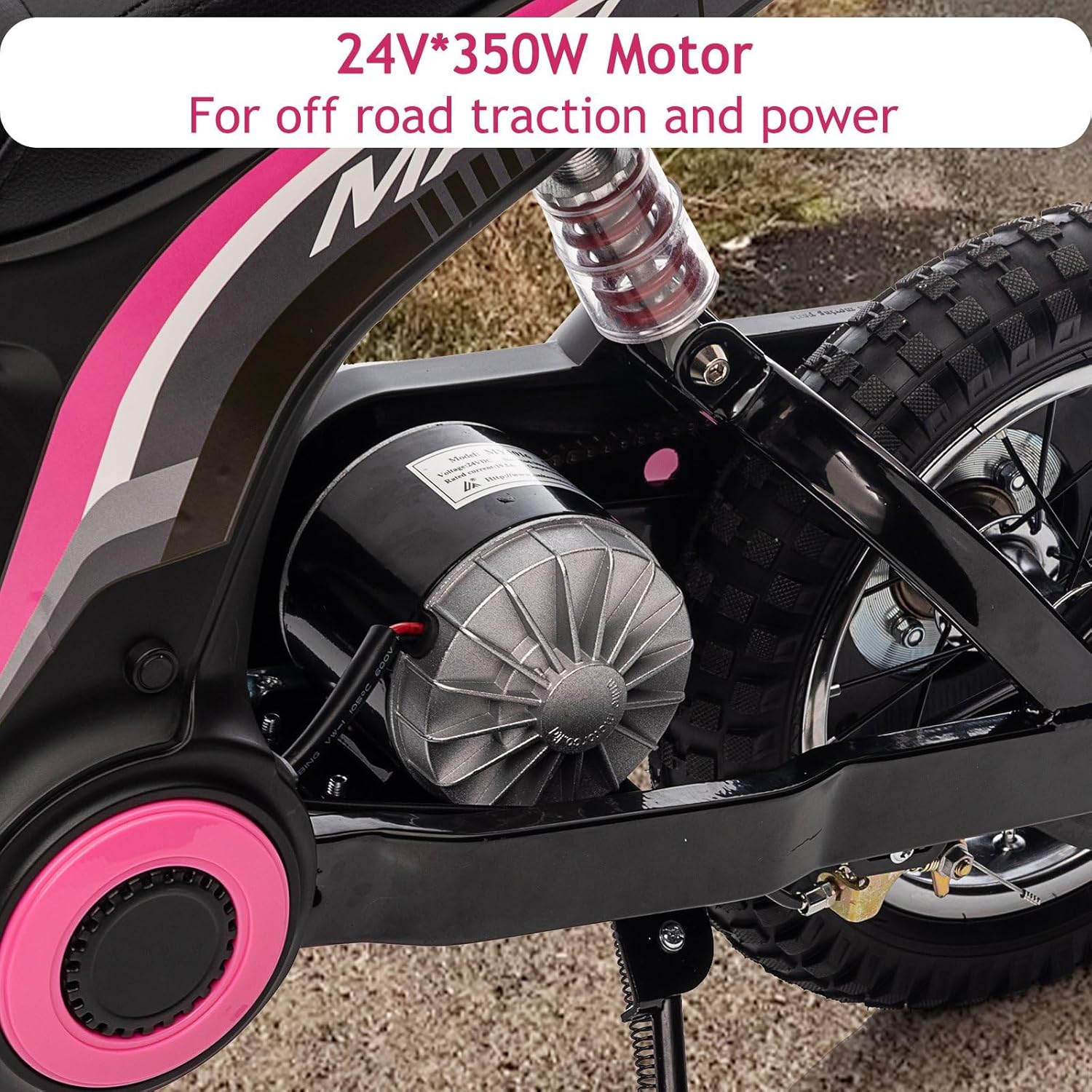 Rugerasy Electric Motorcycle,24v 350w Electric Dirt Bike for Ages 3-10, 15 MPH, 2 Speed Modes, 135 Lb Weight Capacity,Pink 9