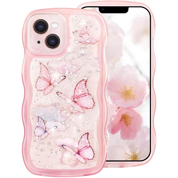 Compatible with iPhone 14 Cute Case for Women Girls,Glitter Sparkle Butterfly Curly Waves Frame Soft TPU Bling Clear Shockproof Protection Phone Cover for iPhone 14 (Pink)