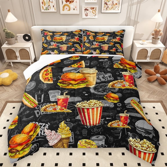 Homewish Fast Food Lover Bedding Comforter Set, Cartoon Popcorn Hamburger Pizza Twin Comforter Sets, Teens Kids Boys Girls Bedding Set, Breathable Home Decor, 2pcs