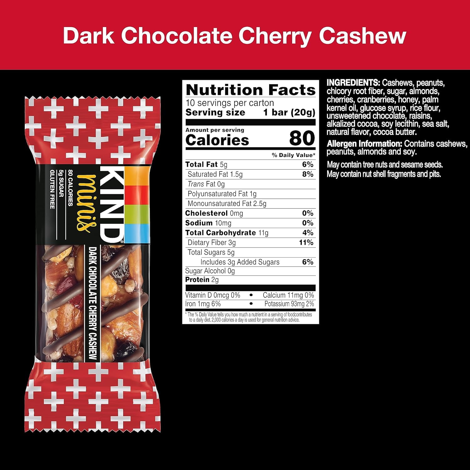 Kind Minis Dark Chocolate Cherry Cashew - 10 Bars Pack of 3