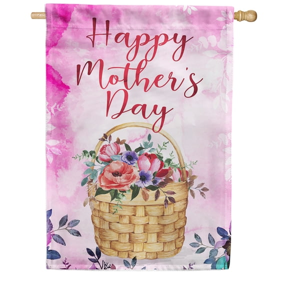 America Forever Happy Mother's Day Flower Basket House Flag 28 x 40 inches Red Rose Green Leaves Double Sided Holiday Seasonal Yard Outdoor Decorative I Love My Mom Flag