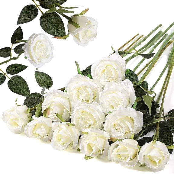 Artificial Roses Flowers ,3 Pcs Fake Velvet Realistic Silk Long Stem Roses Realistic Rose for DIY Wedding Centerpieces Flower Arrangement Home Decor Party & Valentines (White)