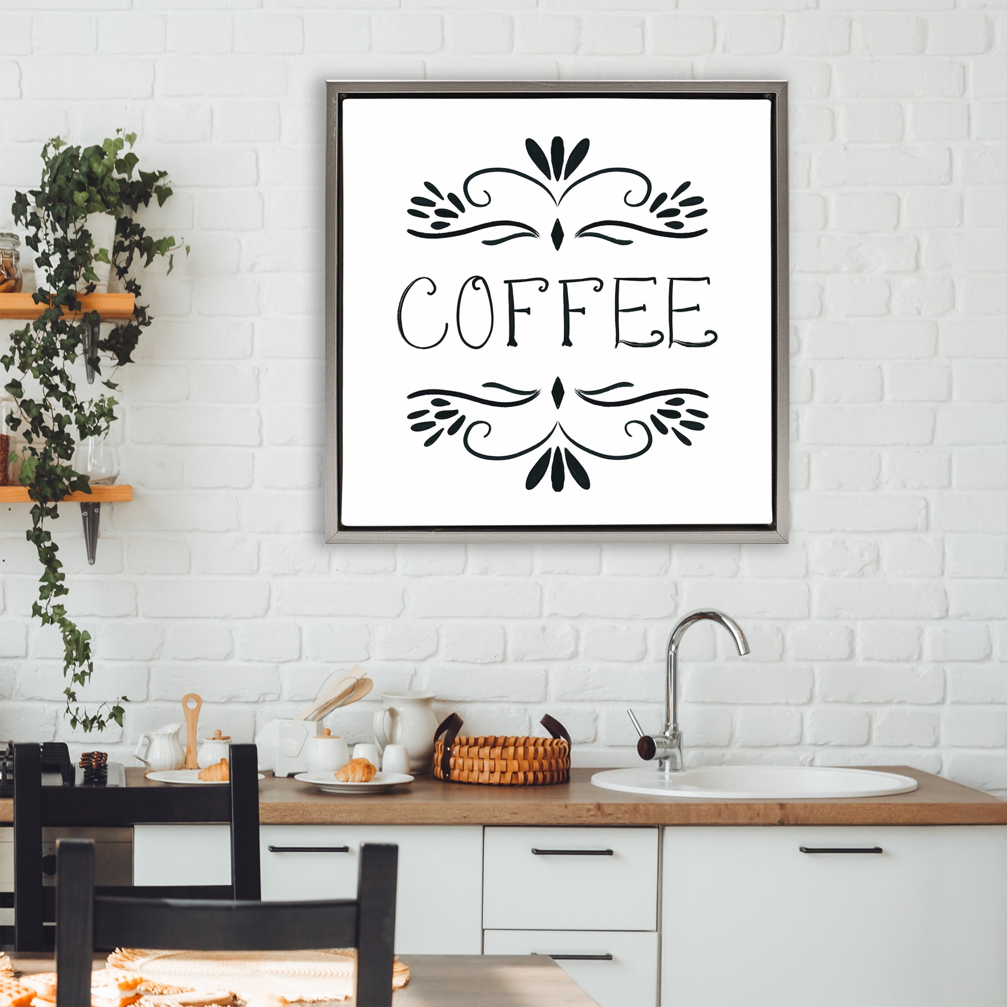 Stupell Industries Coffee with Floral Emblems Gray Framed Floater Canvas Wall Art, design by Lucille Price