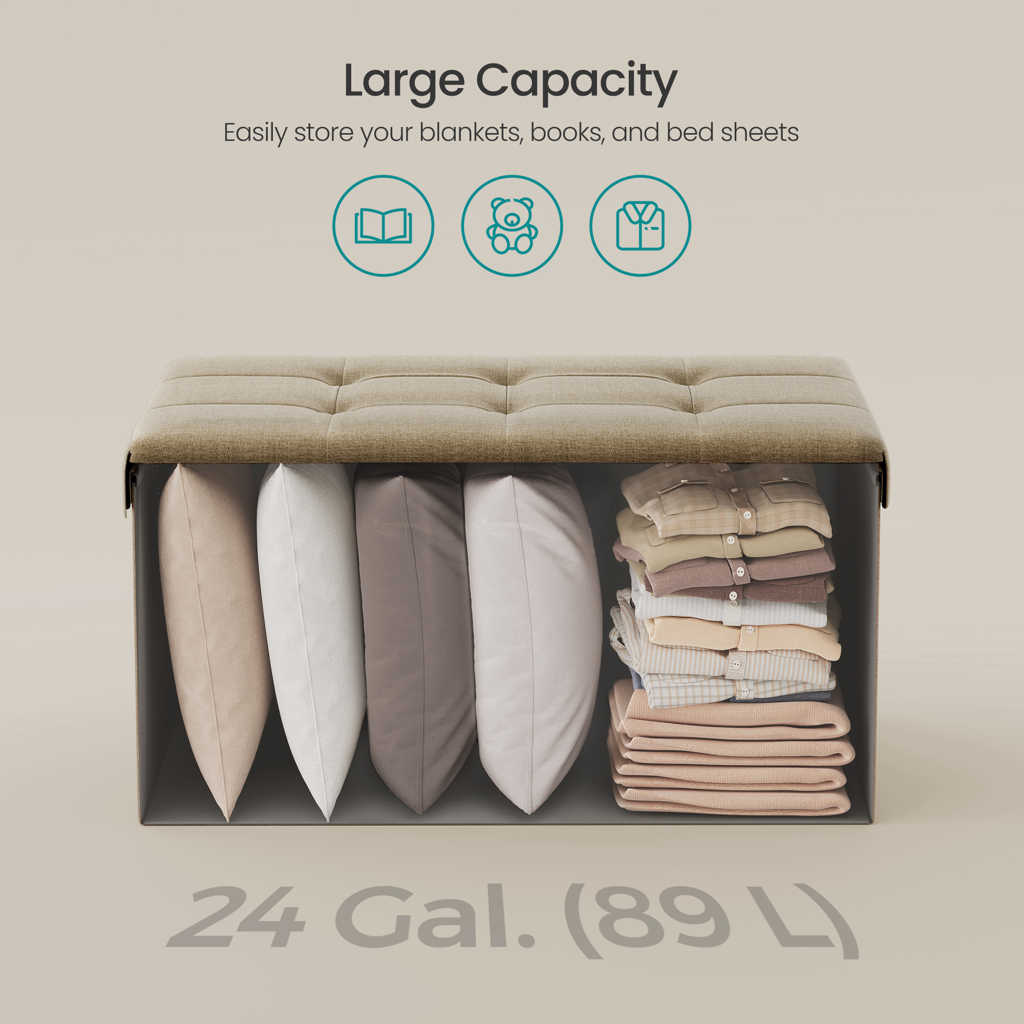SONGMICS Storage Ottoman Bench, 15 x 30 x 15 Inches, Ottoman with Storage, End of Bed Bench, for Living Room, Bedroom, Camel Brown