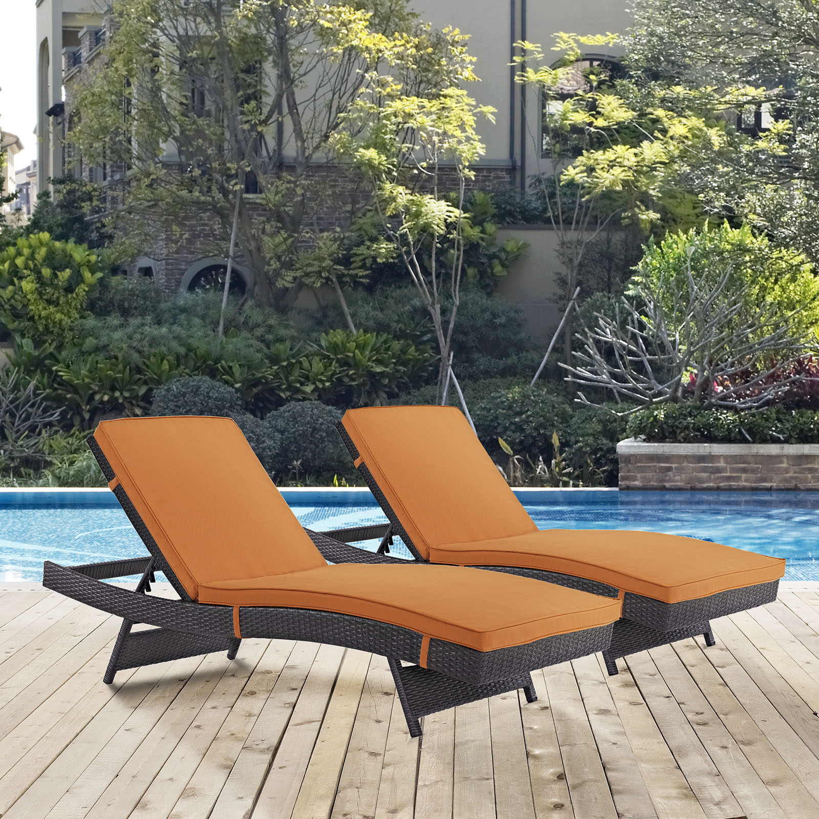 Modern Contemporary Urban Design Outdoor Patio Balcony Chaise Lounge Chair ( Set of 2), Orange, Rattan - image 2 of 4