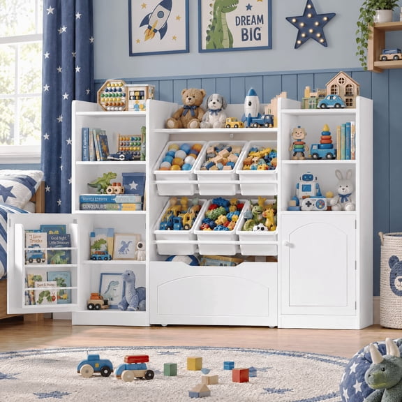 Hiphuta 55"Wide Toy Storage Organizer with Book Shelves Behind The Doors, Kids Bookcase Wood Toy Organizer of 6 Removable Boxes & 8 Storage Cubes, White