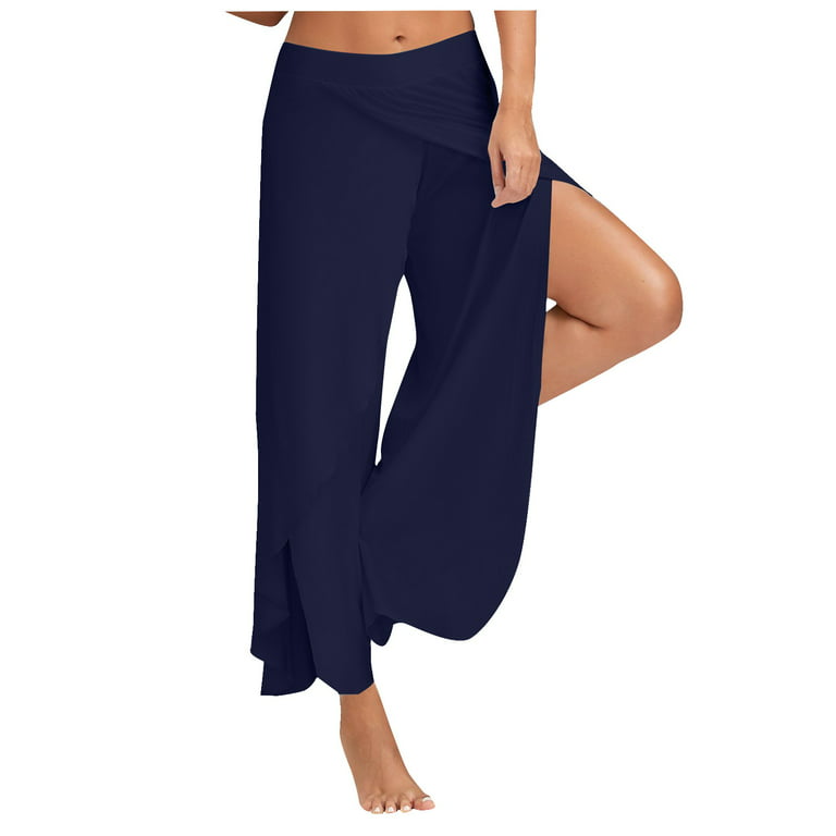 Mlqidk Womens High Side Split Workout Wide Leg Flowy Yoga Palazzo Cropped  Pants,Navy XXL