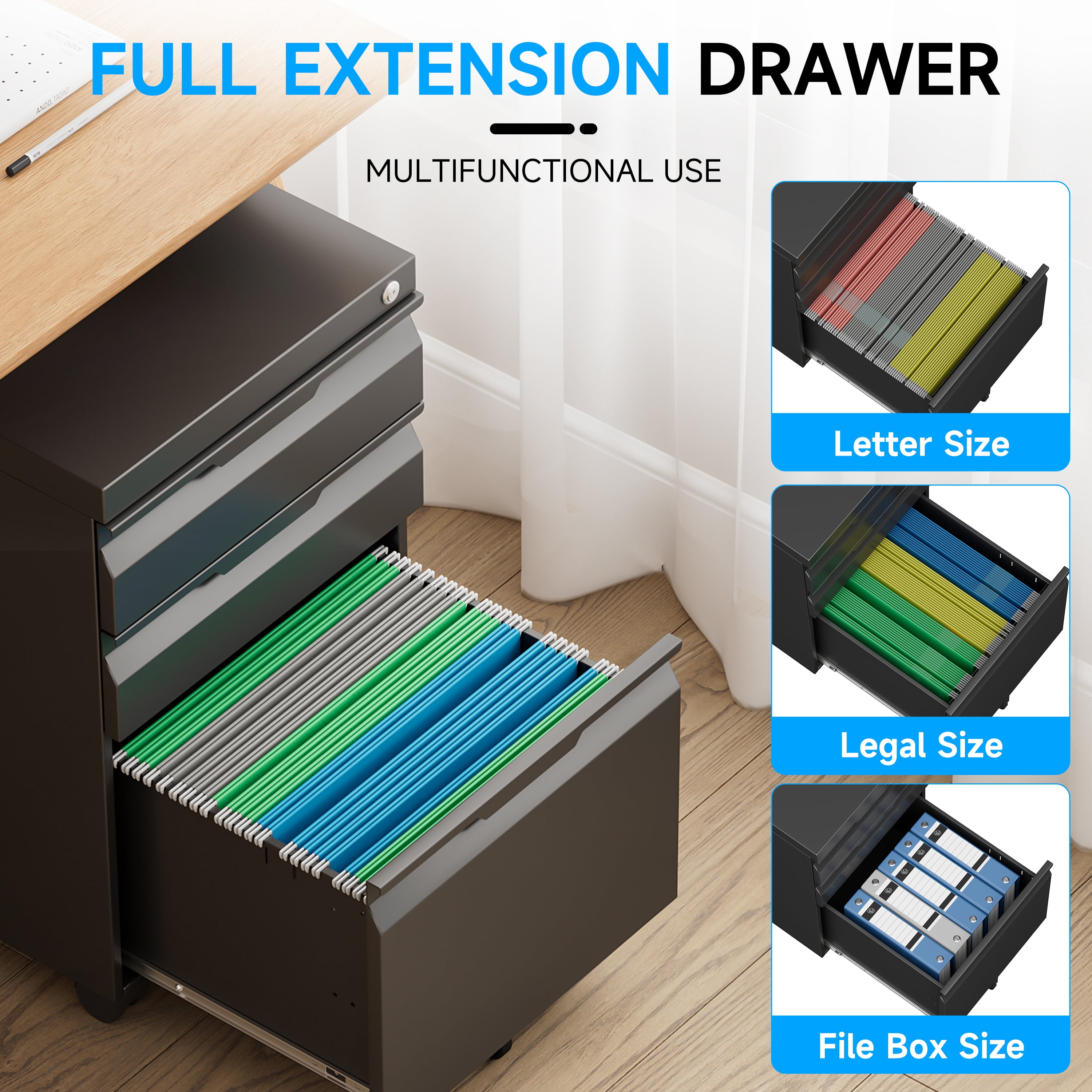Bestoo 3 Drawer Mobile File Cabinet, Metal Lockable Rolling File Cabinet for Home Office, Fit Letter/Legal/A4 Size (Black)