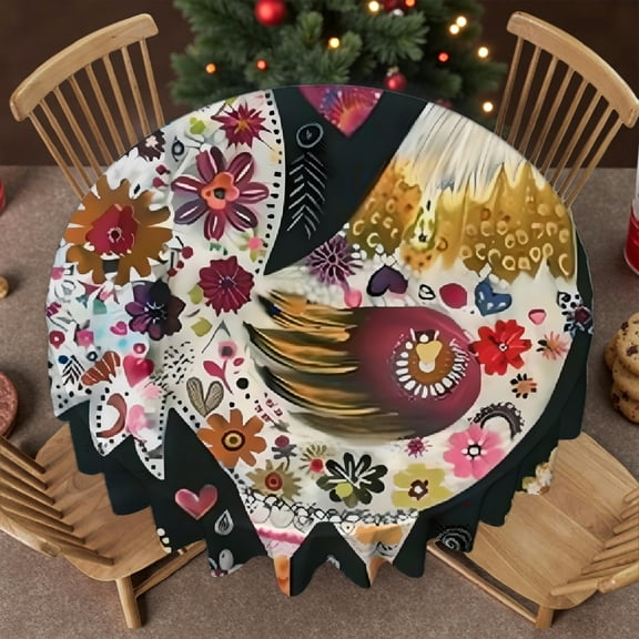 RKSupls Rooster Hearts Flowers Round Tablecloth, Machine-Made - Festive Table Setting Soft, Wedding, Party, Home Dining