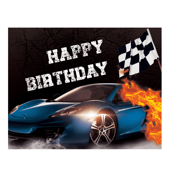 Blue Race Car Happy Birthday Edible Image Cake Topper For Quarter Sheet Cake By TNCT