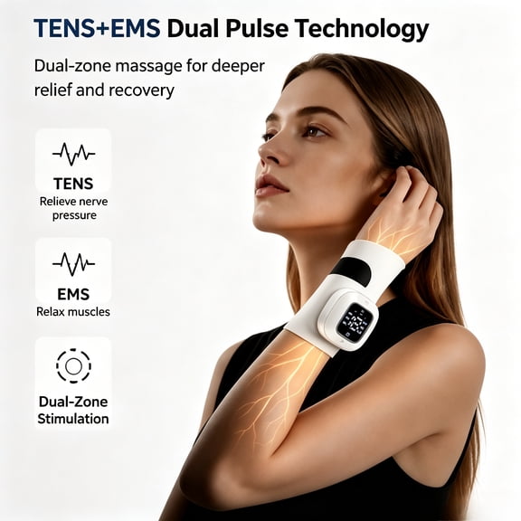 Rechargeable EMS Wrist Massager with 6 Modes 19 Levels Heat Therapy for Carpal Tunnel Arthritis, Portable Hand Pain Relief