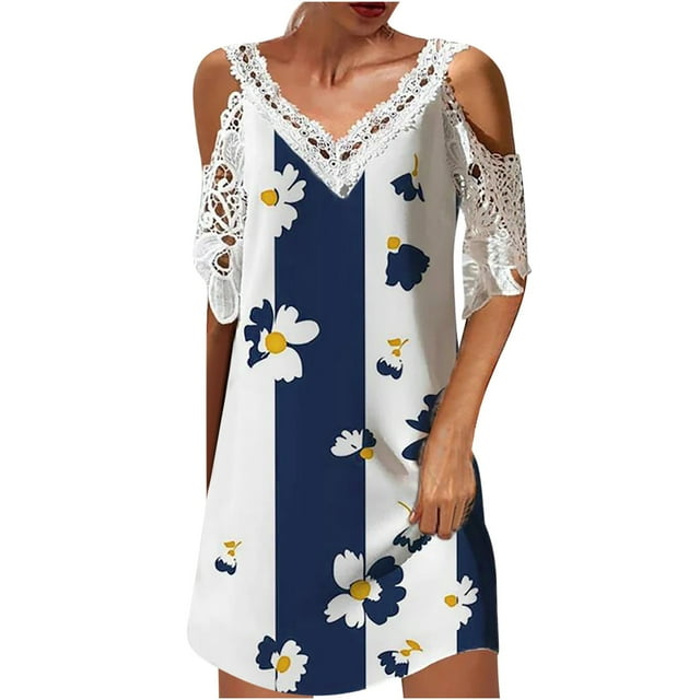 Cameland Robe Femme Mode Aguichant à Col en V à Manches Courtes Ajourée Imprimée à Épaules Dénudées