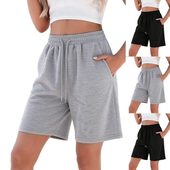 Women's Casual Sweat Shorts Soft High Waist Shorts Wide Leg Running Workout Bermuda Knee Shorts with Pockets by Yigetop Black L