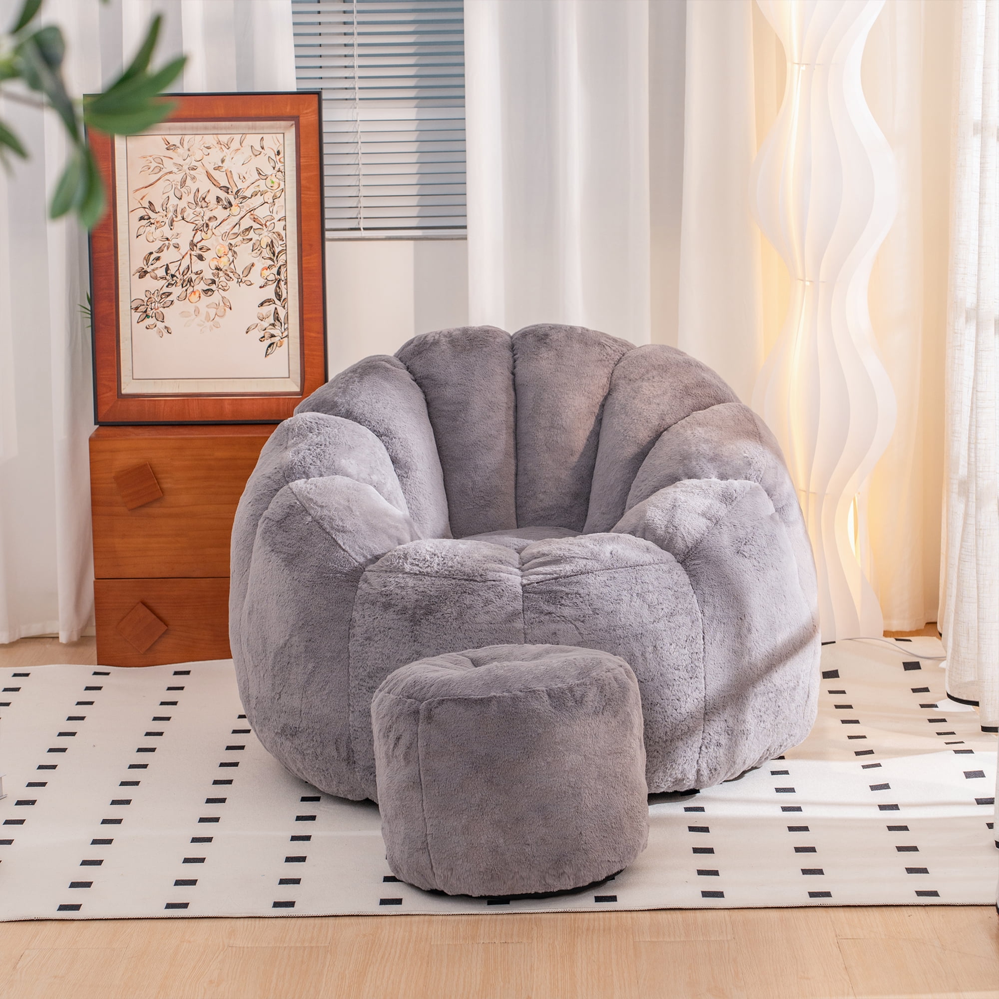 Giant Bean Bag Chair, Oversized Bean Bag Couch for Adults and Kids, Faux Fur Shell-Shaped Large Bean Bag Chair with Filler, Stuffed Big Accent Sofa Chair Floor Sofa for Gaming, Reading