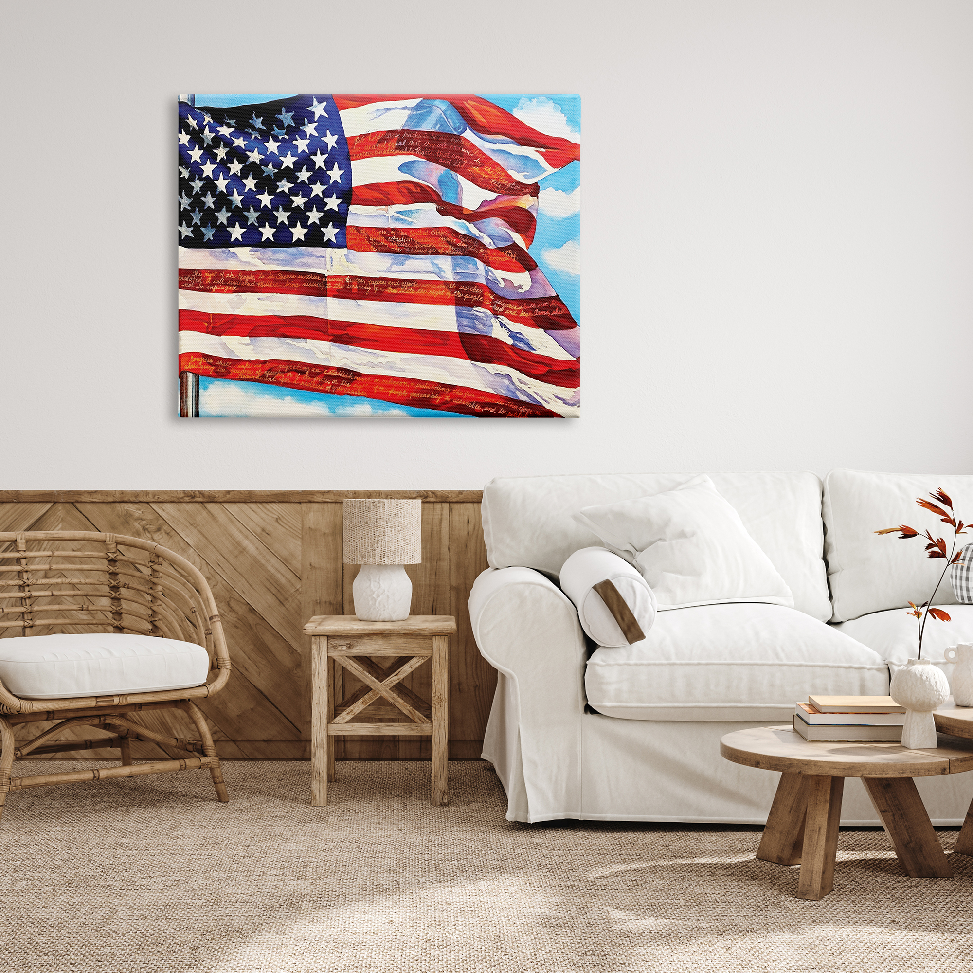 Stupell Industries Windblown American Flag Inspirational Painting Gallery Wrapped Canvas Print Wall Art, 48 x 36