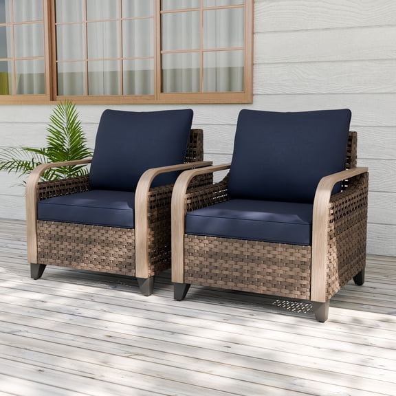EAGLE PEAK 2 Piece Wicker Outdoor Chairs with Cushions, Patio Chairs, Deep Seating 4 inch Cushions, PE Rattan Curved Armrest Porch Chair, Brown/Blue
