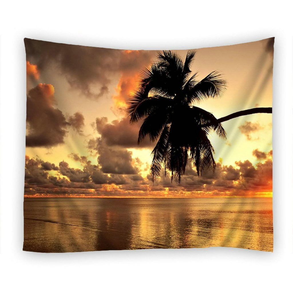 POPCreation Beach Alm Tree Sunrise Tapestry Polyester Fabric Tapestries
