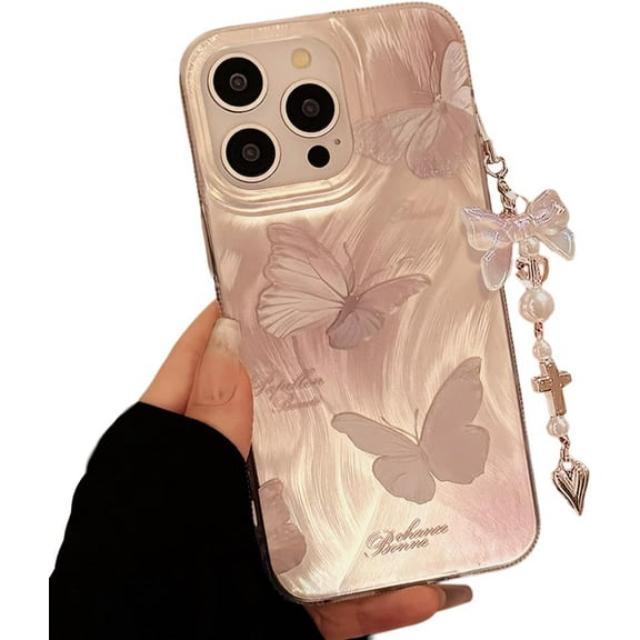 Designed for iPhone Case,Luxury Glitter Feather Butterfly Pattern with Hand Chain Shockproof Protective Cover Phone Case (ipone 12 Pro Max,Silver)