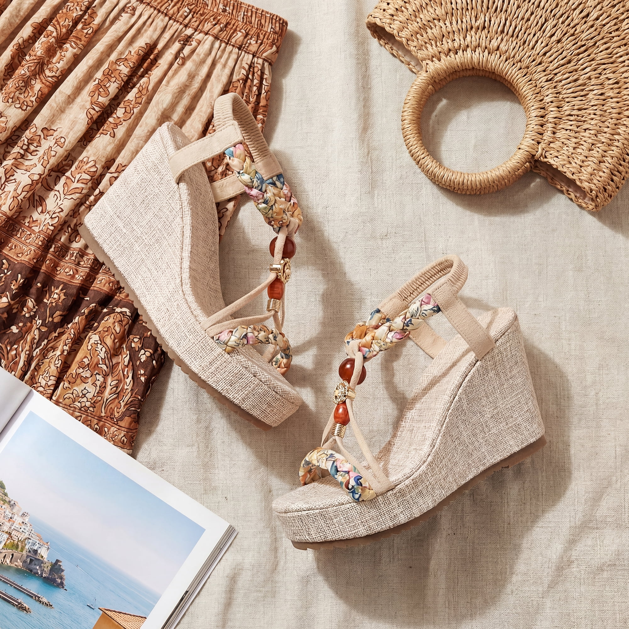 DARING DIVA Women's Stylish Bohemia Pull on Platform Wedge Heel Sandals Beige-3 8.5